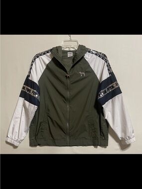 PINK Victoria's Secret Olive Green, White & Navy Sequin-Trim Windbreaker